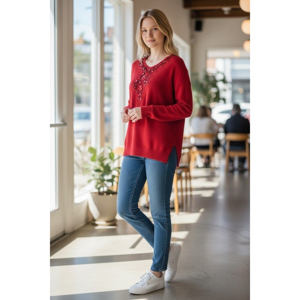 Adore  Red Long Sleeve Christmas Sweater With Sequins Size Small